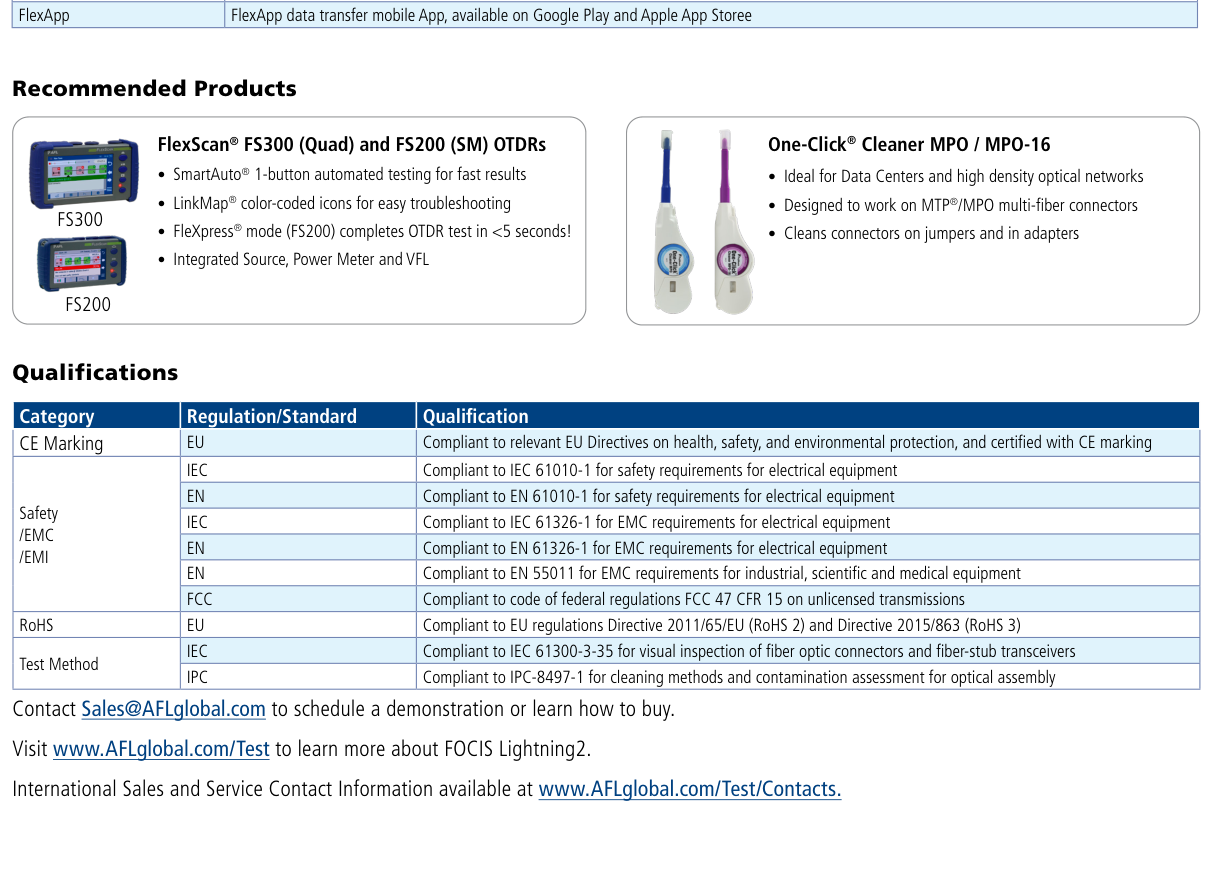 FOCIS Lightning2 recommended products and standards qualifications including IEC and IPC fiber inspection methods