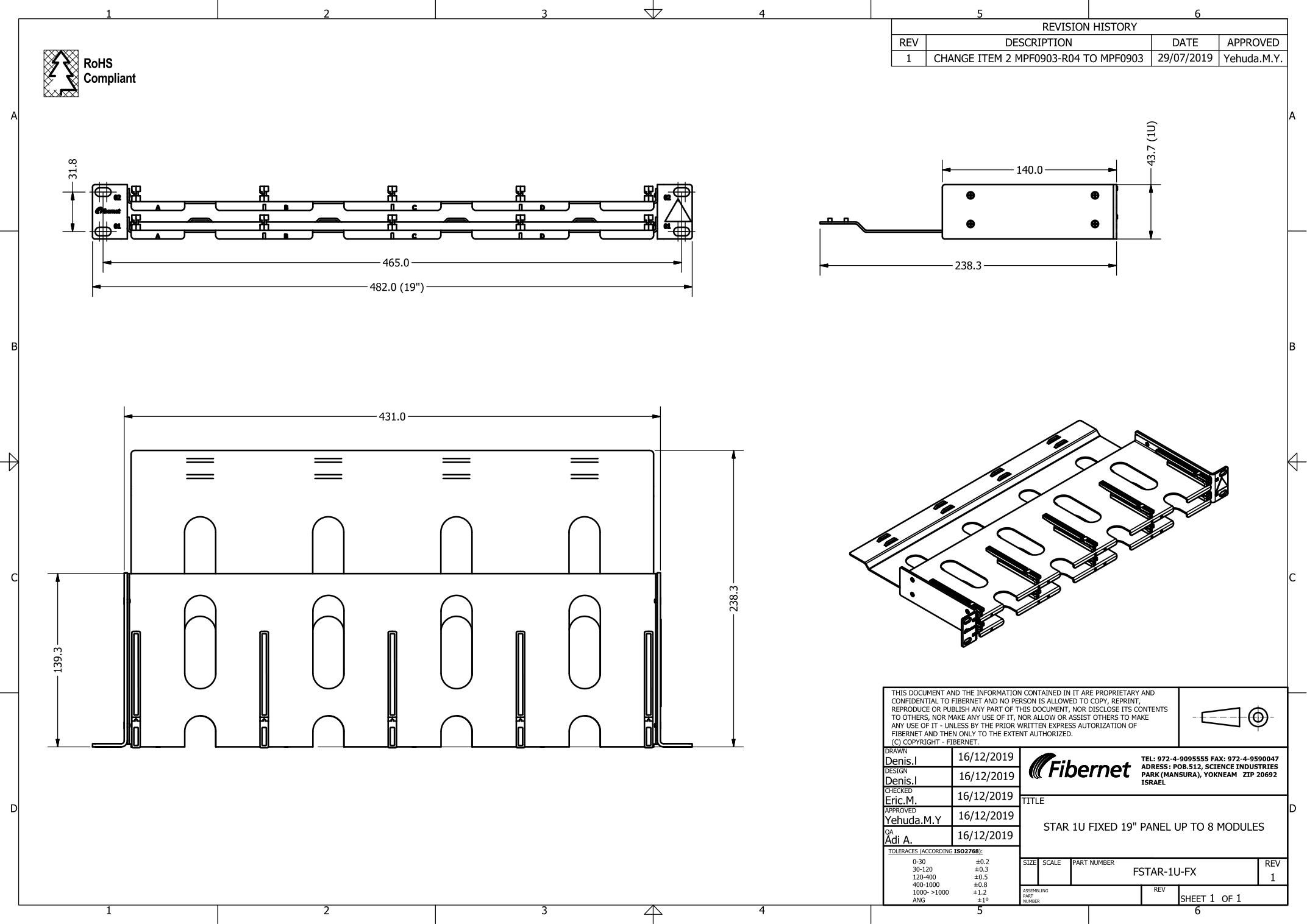 Fibernet STAR 1U-FX mechanical drawing showing 1U height 19 inch rack width short depth and up to eight modules