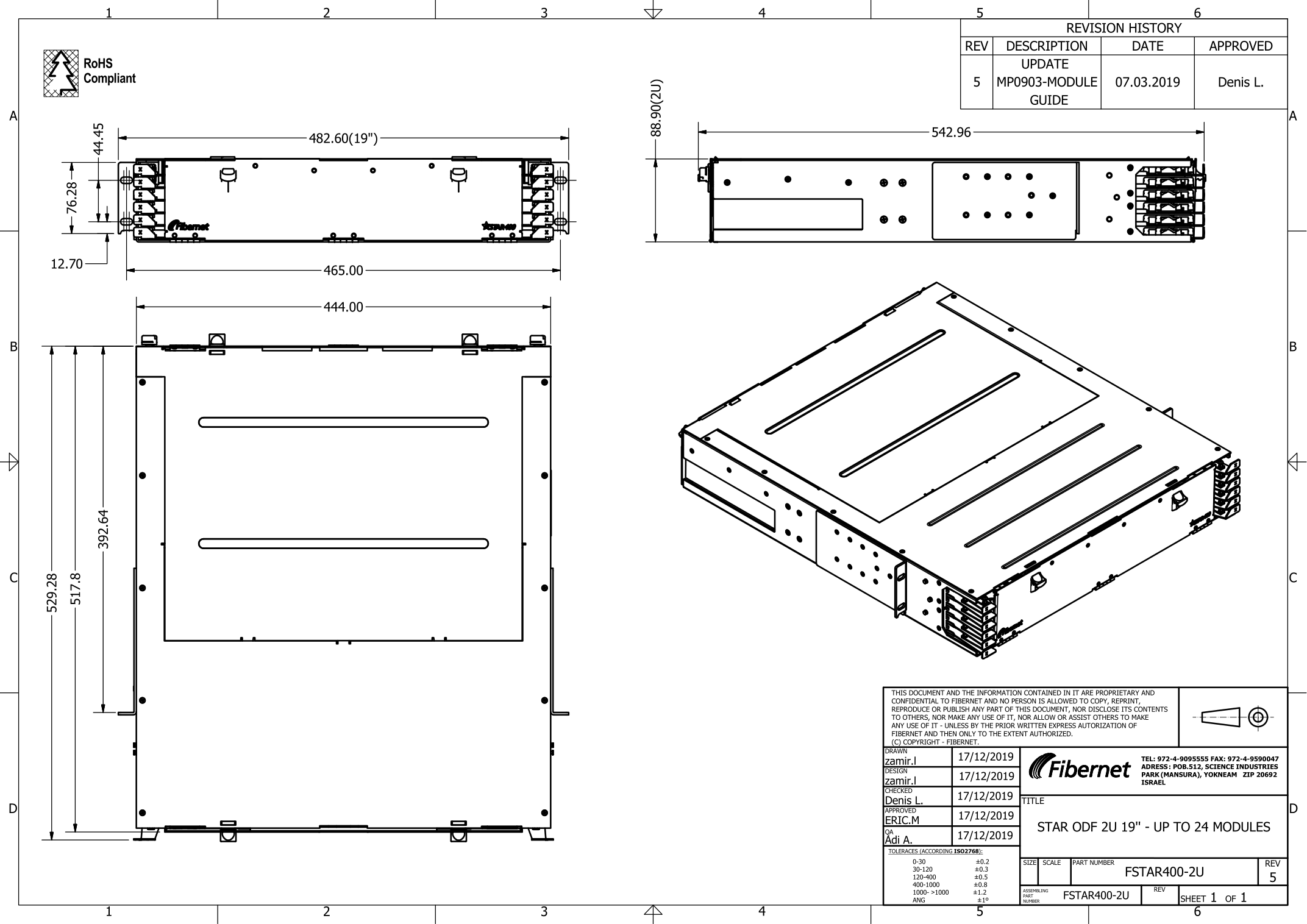 Fibernet STAR400 2U mechanical drawing with 2U height and 19 inch rack dimensions