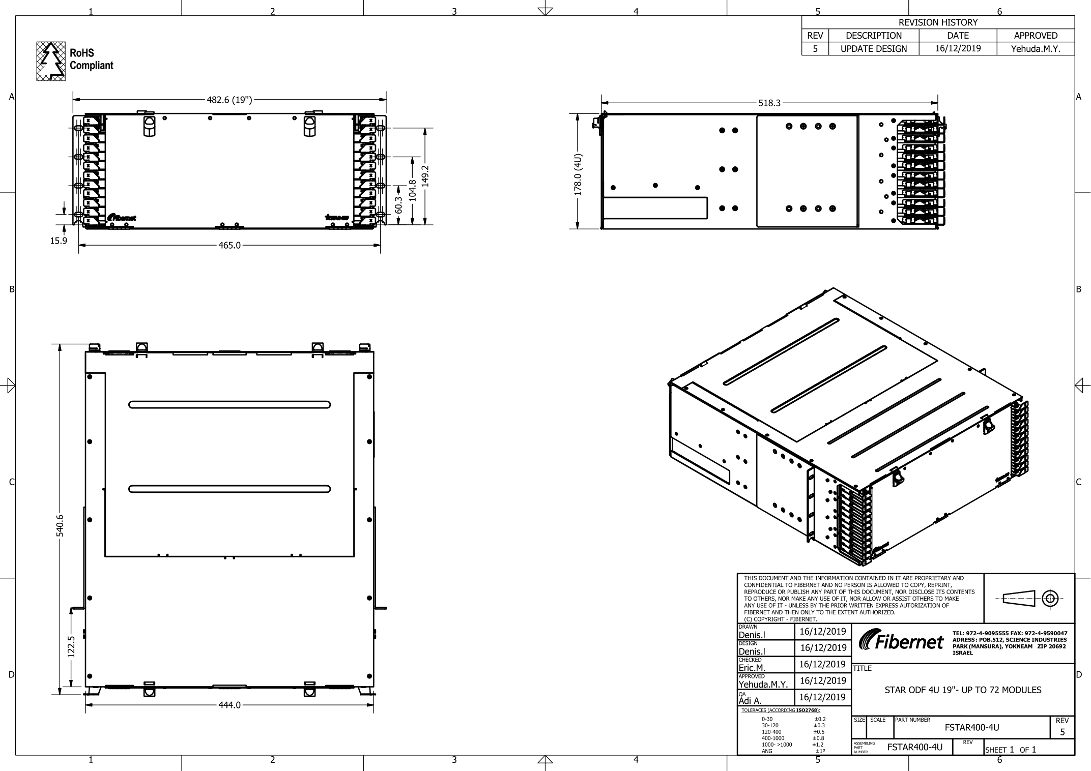 Fibernet STAR400 4U mechanical drawing showing 178 mm 4U height 19 inch width and up to 72 modules