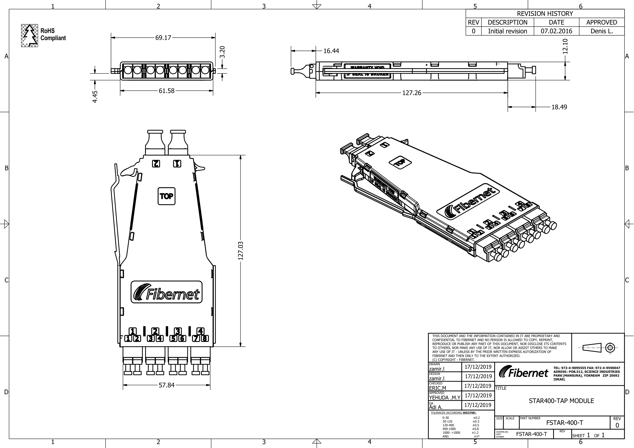 Fibernet STAR400 TAP module mechanical drawing part number FSTAR-400-T